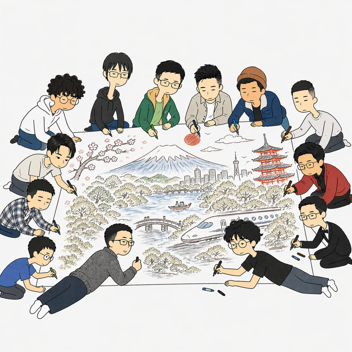 Team Drawing Japan Illustration - GPT Image 2 Prompt-Beispiel