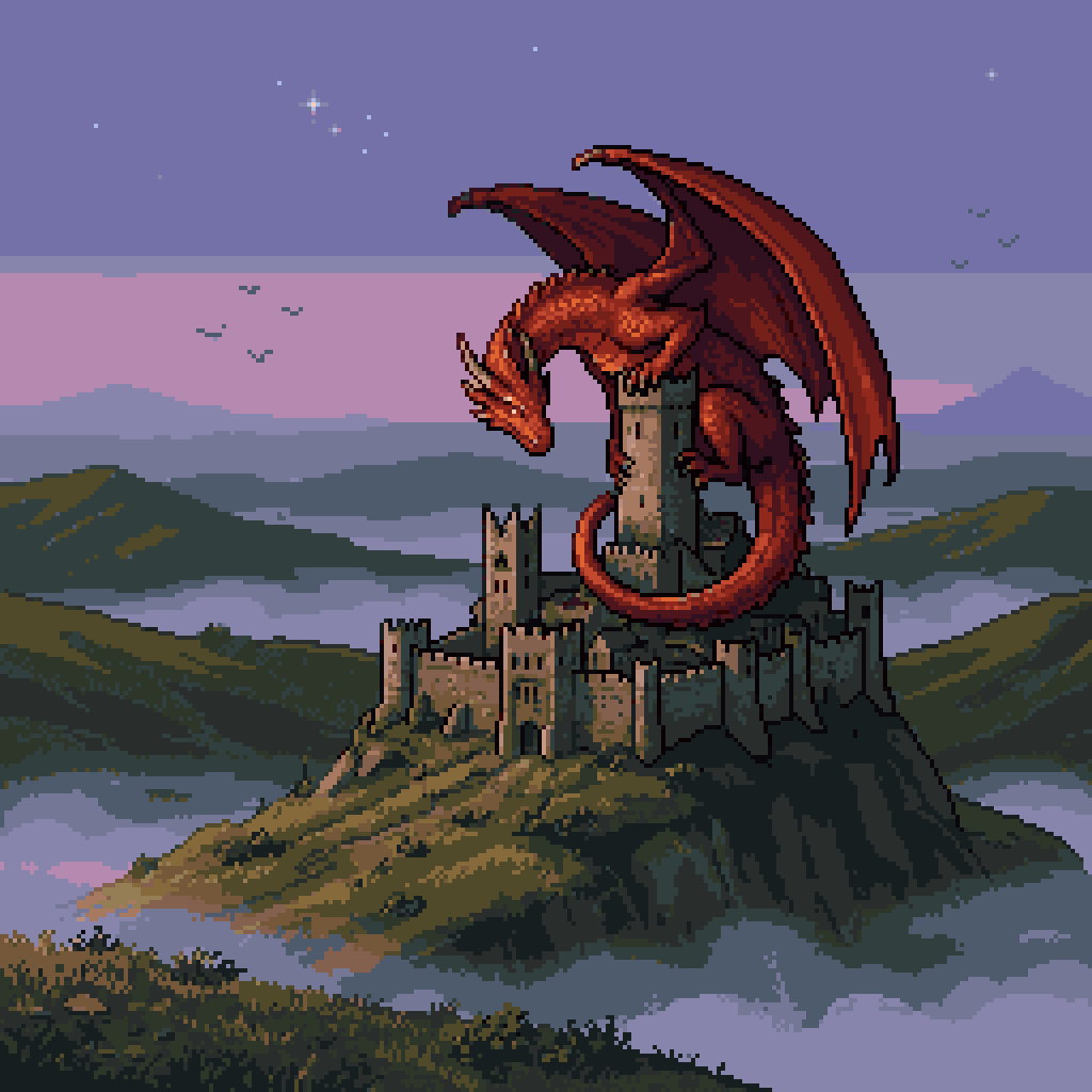 Pixel Art Dragon on Castle - GPT Image 2 prompt example