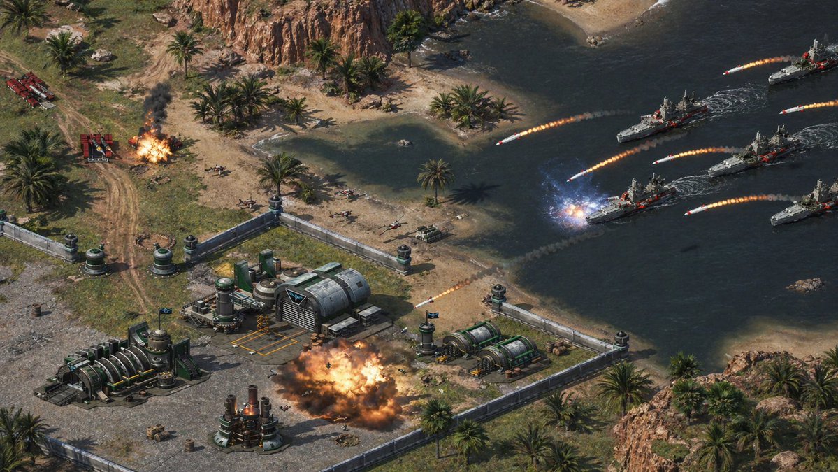 Isometric Coastal Base Under Naval Attack - GPT Image 2 prompt example