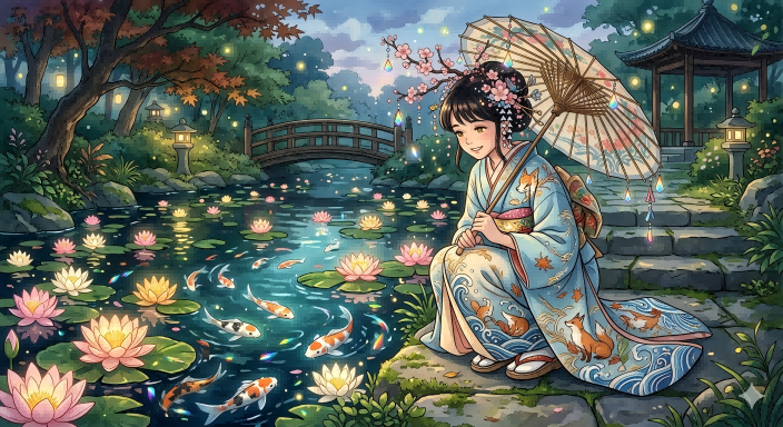 Dreamy Kimono Woman by a Koi Pond - GPT Image 2 prompt example