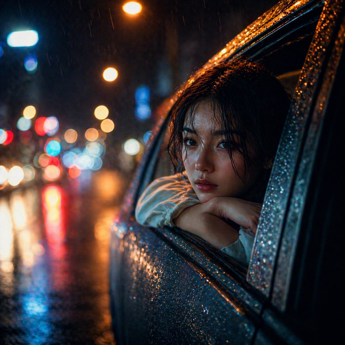 Rainy Night Woman Leaning from Car - GPT Image 2 Prompt-Beispiel