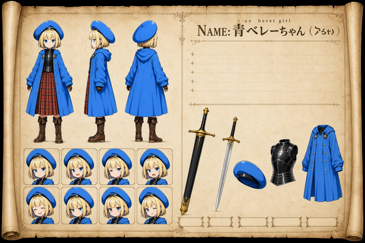 Blue Beret Girl Reference Sheet - GPT Image 2 Prompt-Beispiel