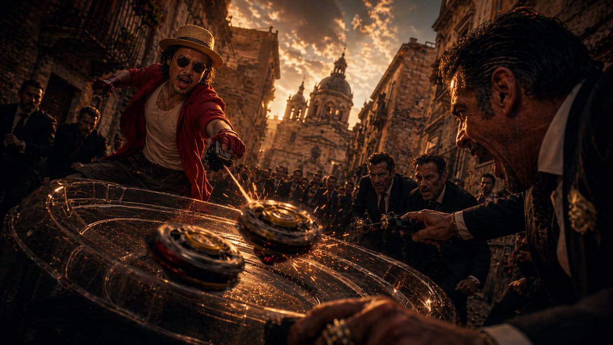 Cinematic Spinning Top Street Duel - GPT Image 2 Prompt-Beispiel
