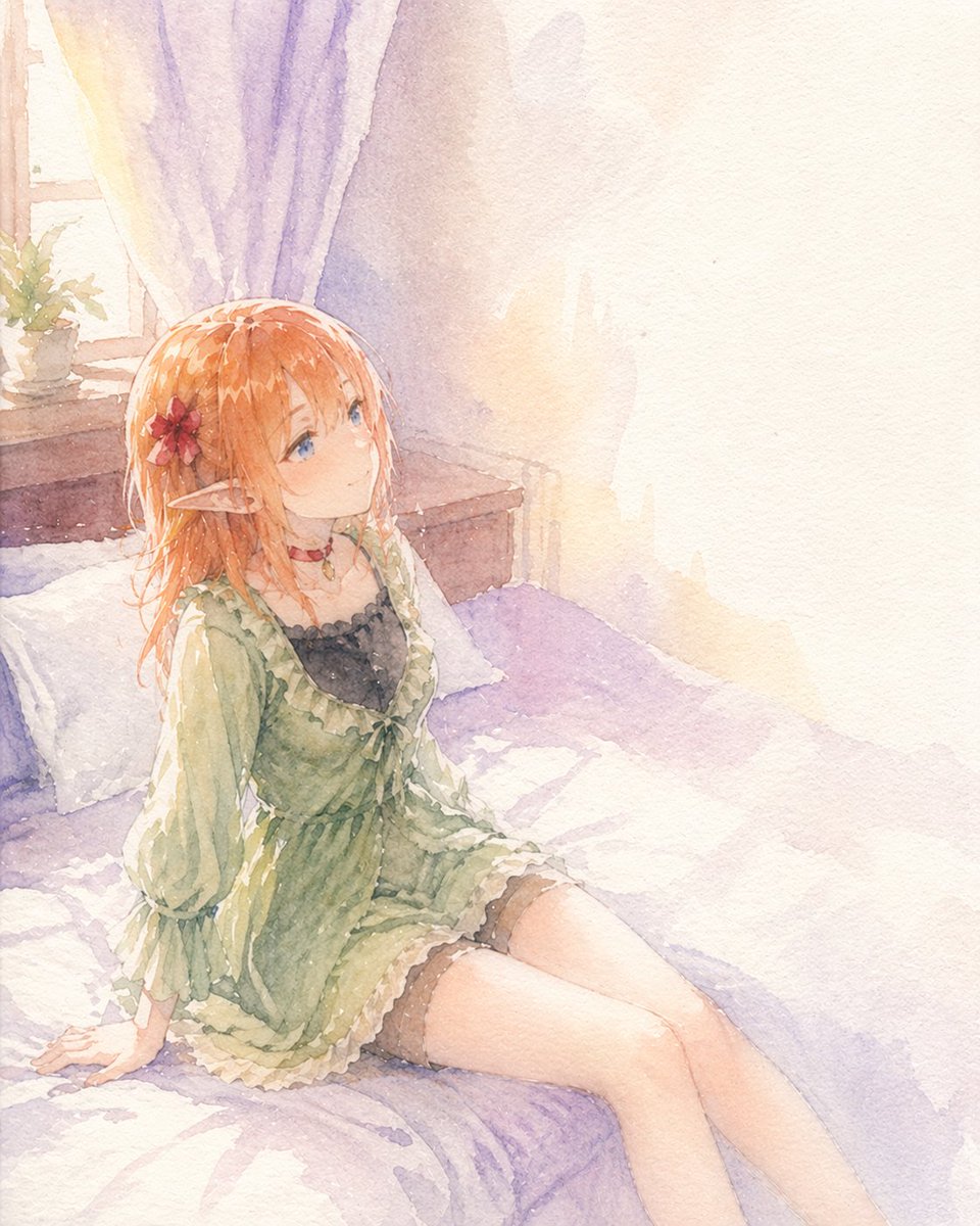 Watercolor Elf Girl on Sunlit Bed - GPT Image 2 prompt example