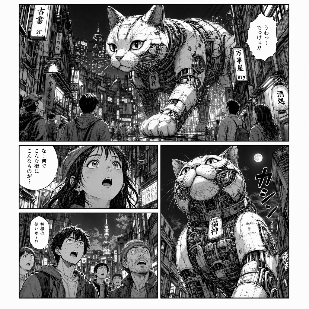 Cyberpunk Manga Page of a Giant Robot Cat - GPT Image 2 prompt example