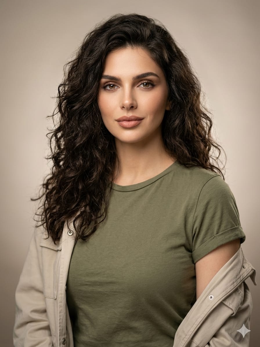 Editorial Studio Portrait in Olive Tee - GPT Image 2 prompt example