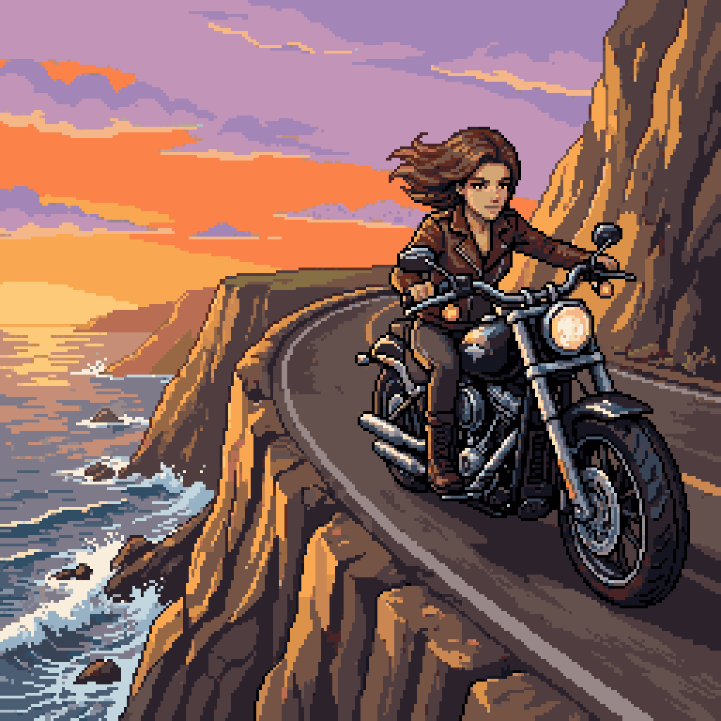 Woman Riding Motorcycle on Cliff Road - esempio di prompt GPT Image 2