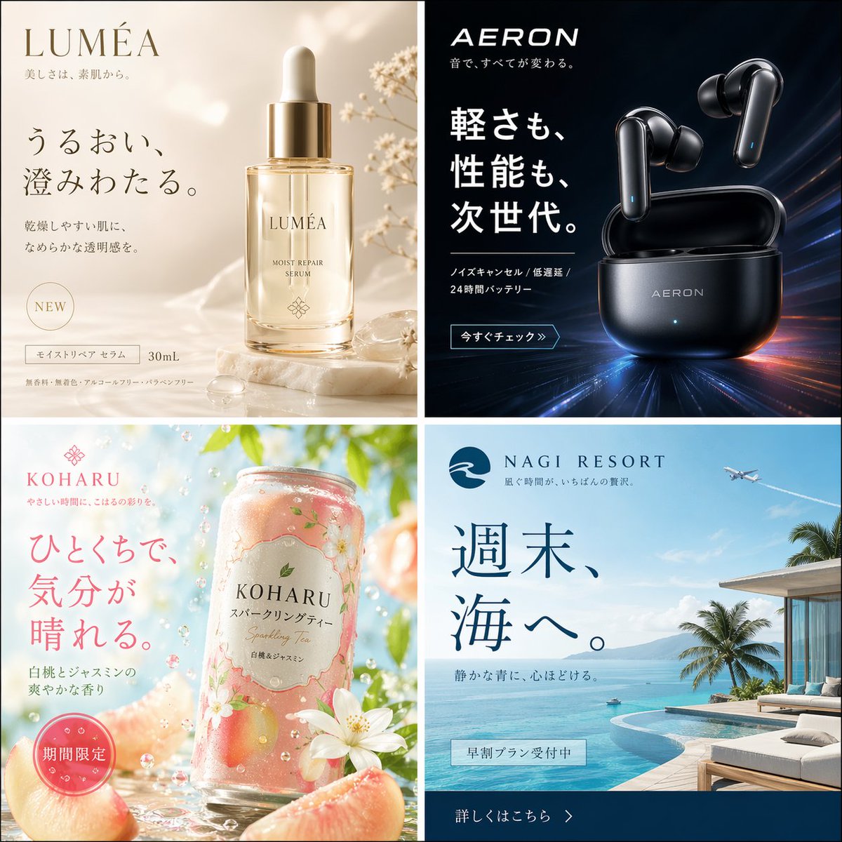 Four Japanese Ad Visuals Collage - GPT Image 2 Prompt-Beispiel