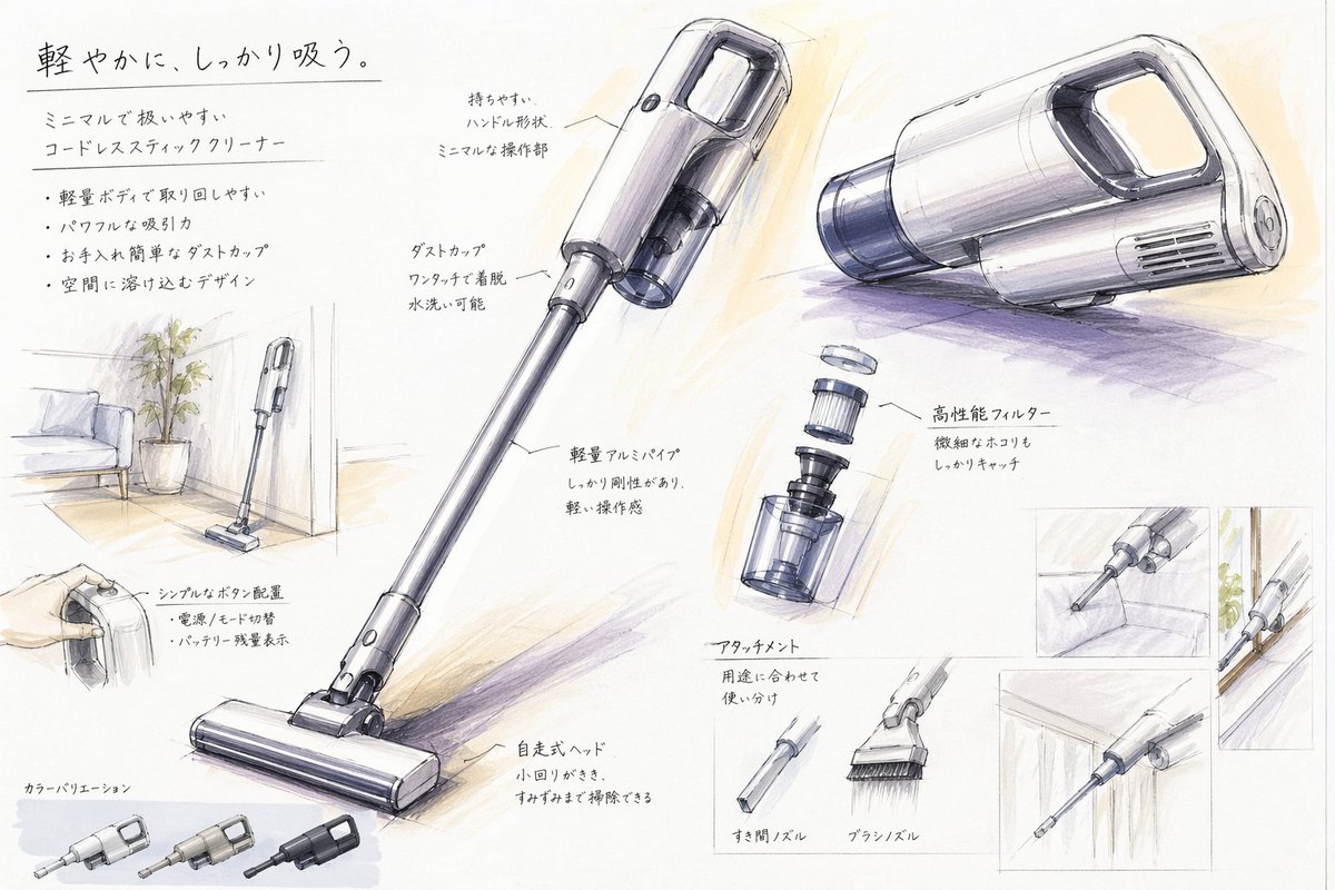 Japanese Vacuum Design Sketch Board - GPT Image 2 Prompt-Beispiel