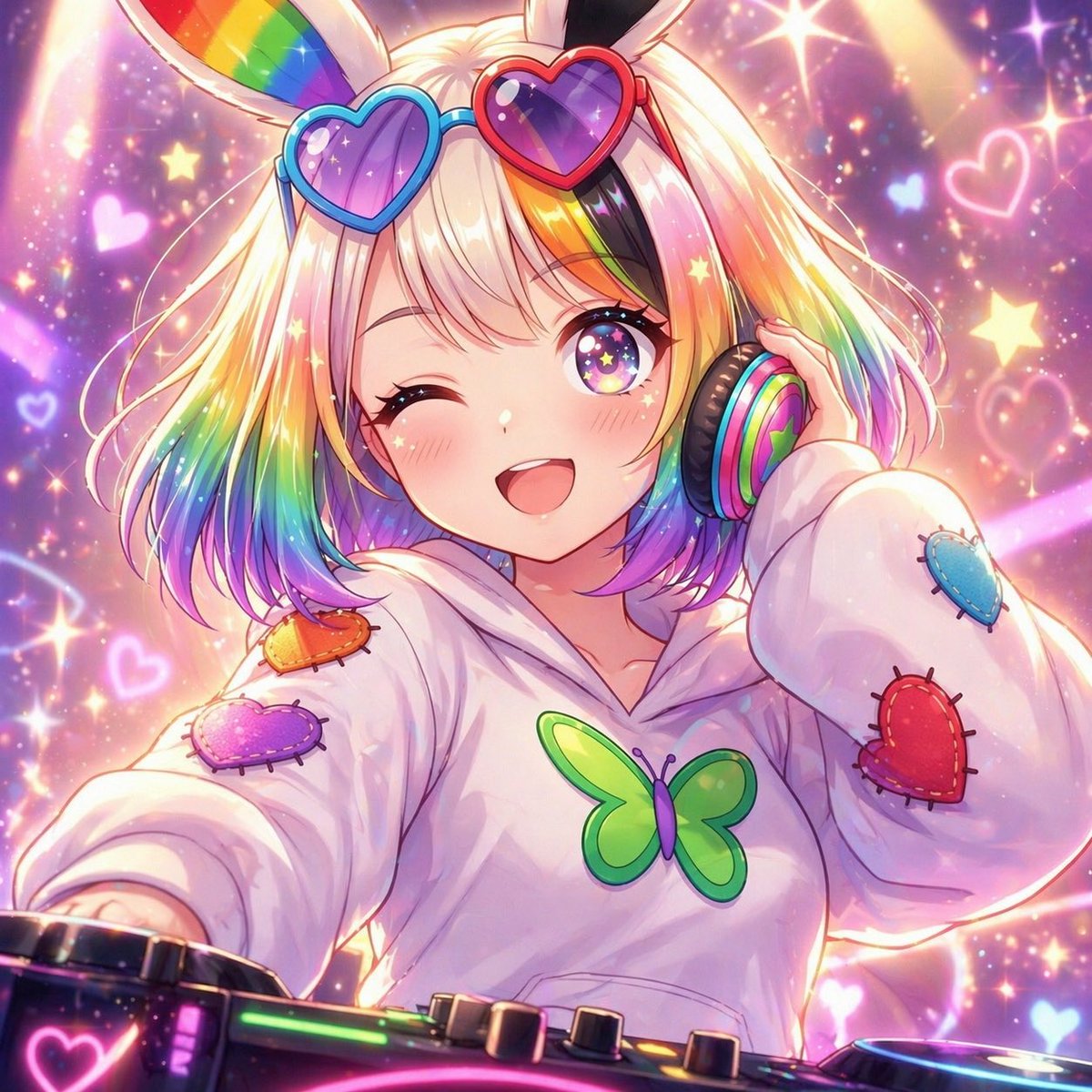 Rainbow Bunny DJ Anime Portrait - GPT Image 2 prompt example