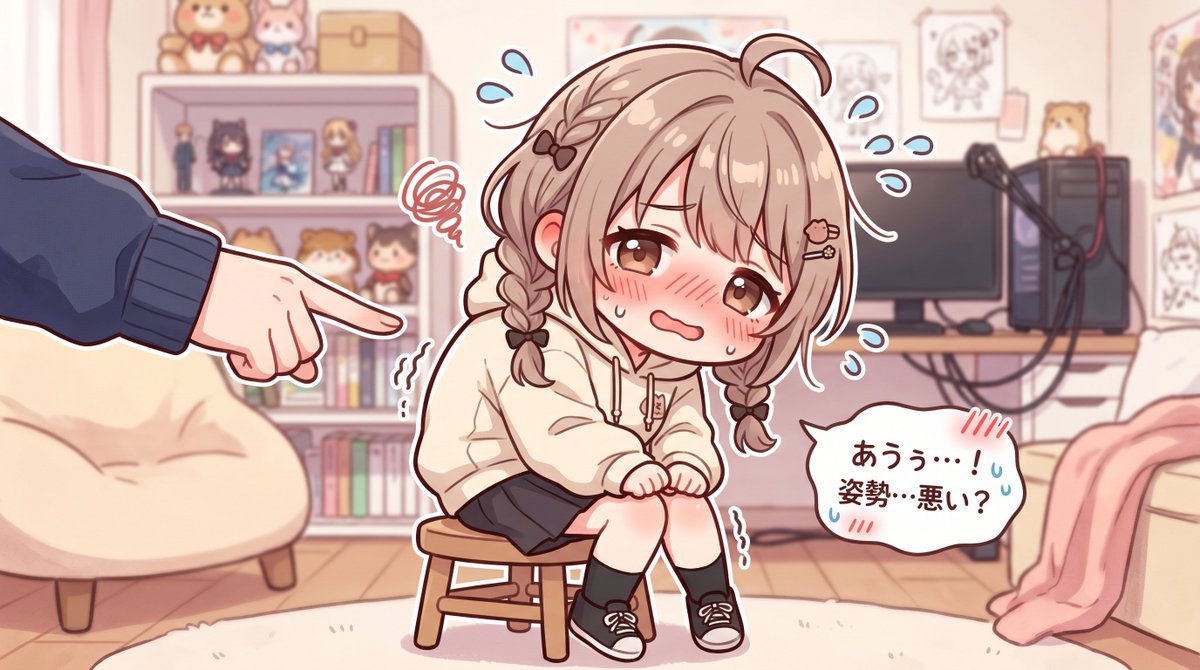 Embarrassed Anime Girl on Tiny Stool - GPT Image 2 prompt example