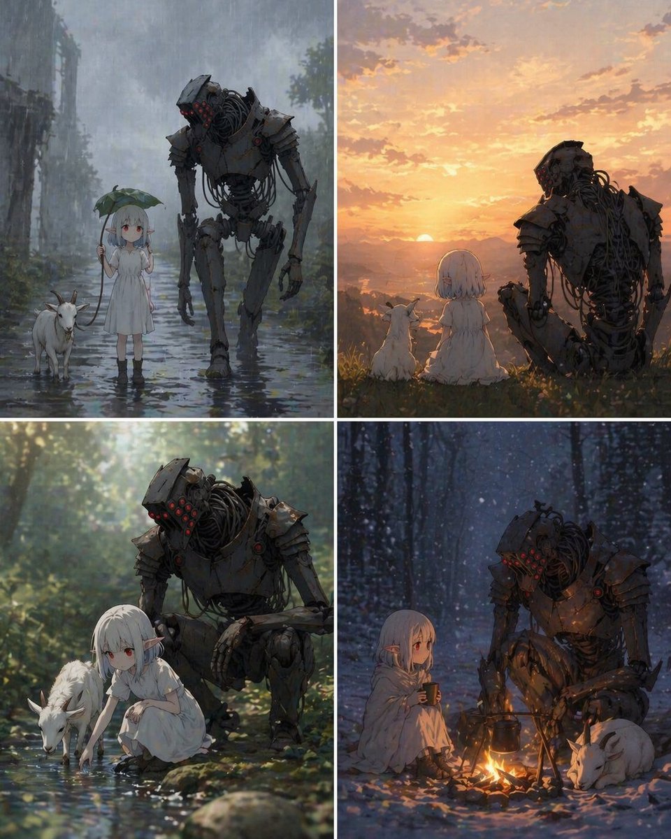 Four-Panel Girl, Robot, and Goat Story - GPT Image 2 Prompt-Beispiel