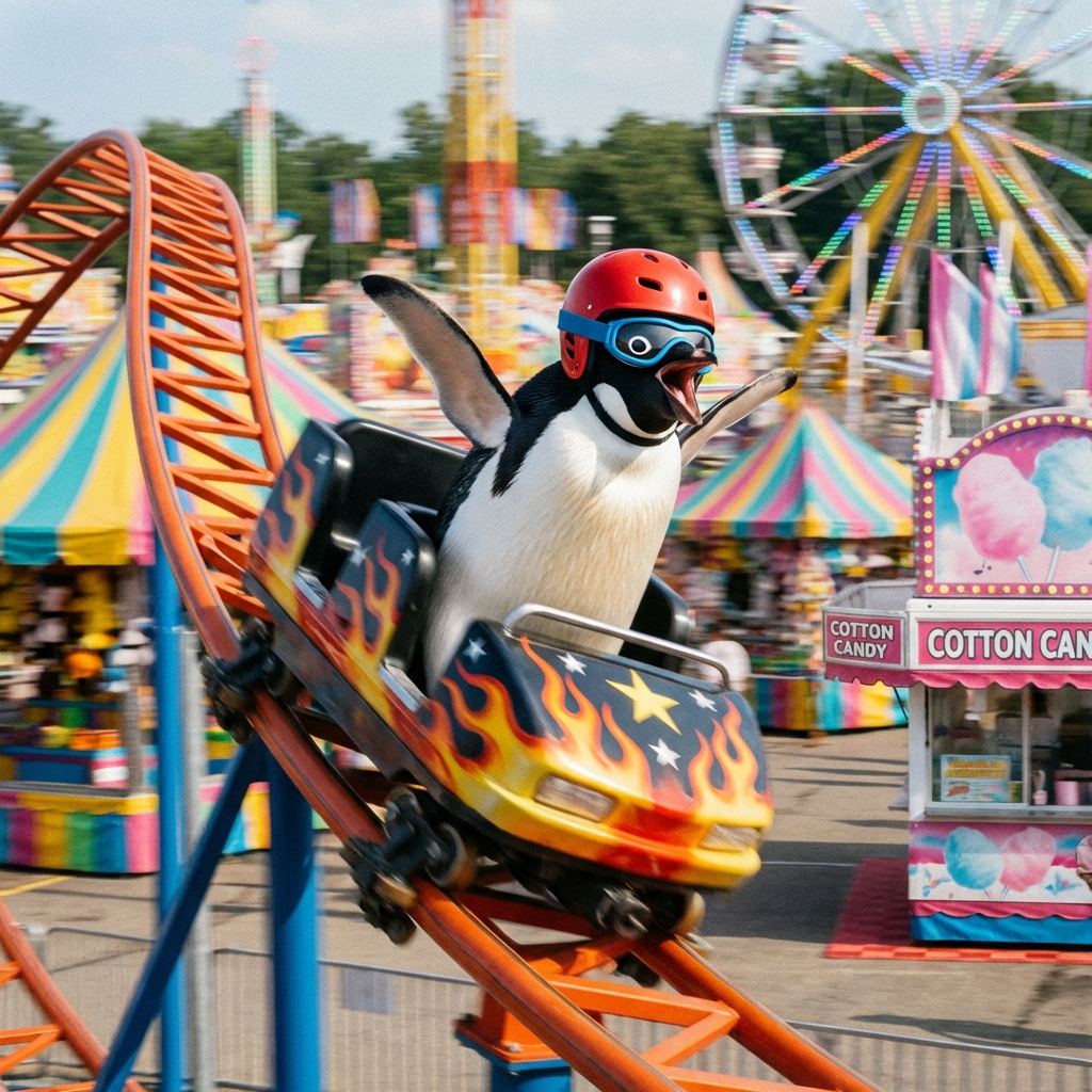 Penguin on a Carnival Roller Coaster - GPT Image 2 Prompt-Beispiel
