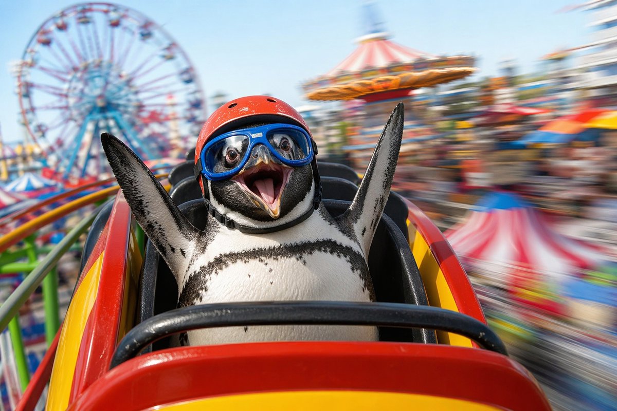 Penguin Roller Coaster Ride - GPT Image 2 Prompt-Beispiel