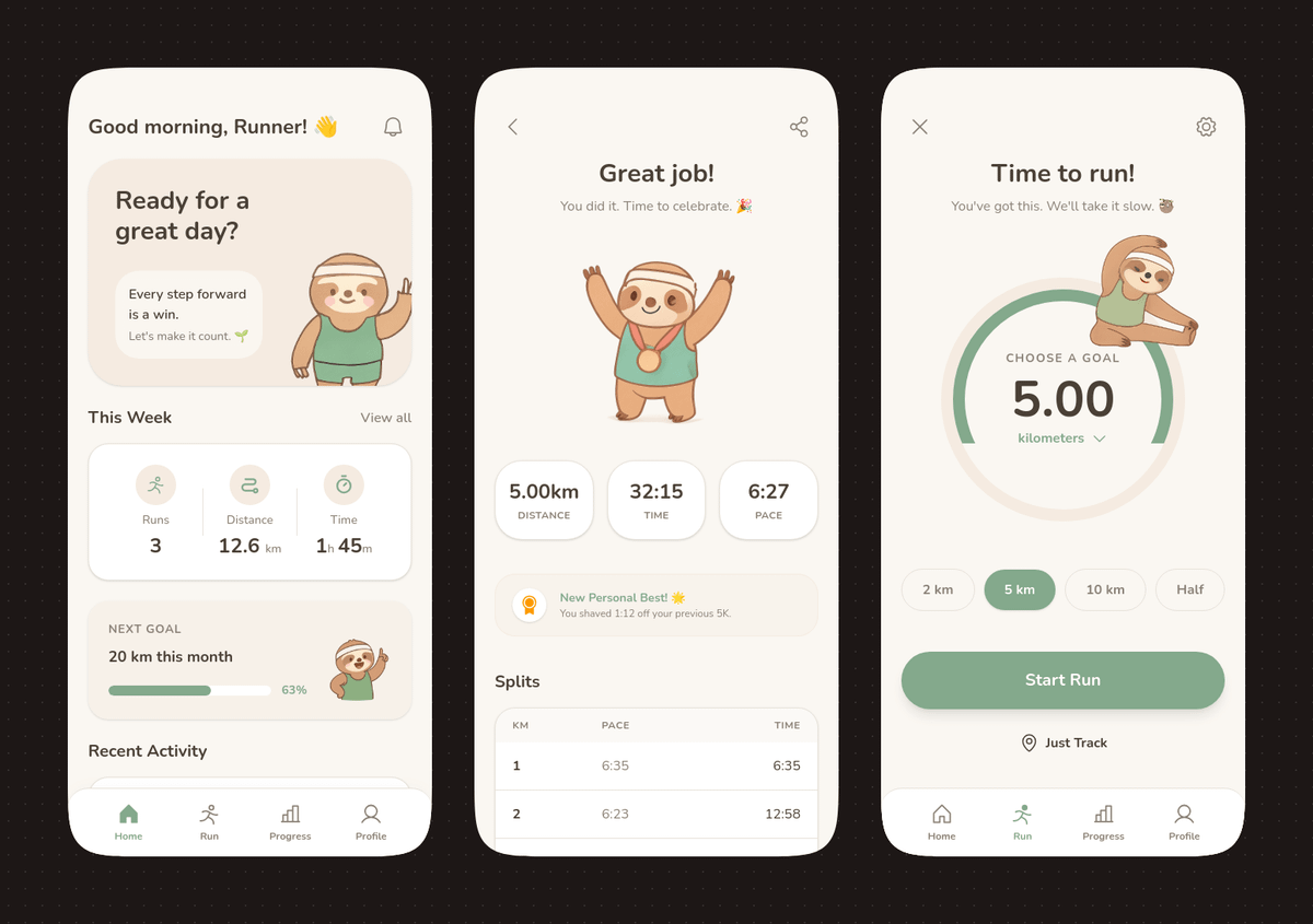 Pastel Running App UI with Sloth Mascot - GPT Image 2 prompt example