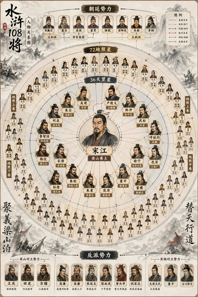 Water Margin 108 Heroes Relationship Map - GPT Image 2 prompt example
