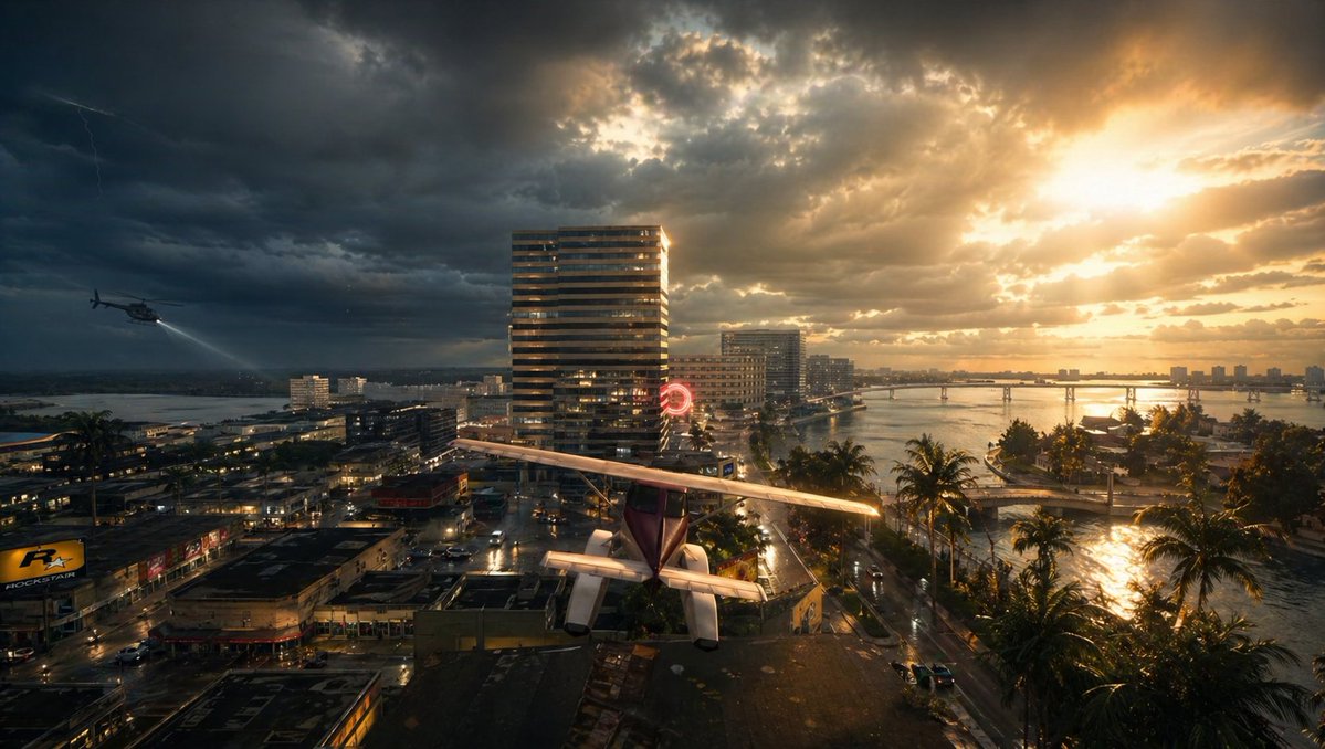 Stormy Tropical City With Rooftop Plane - esempio di prompt GPT Image 2