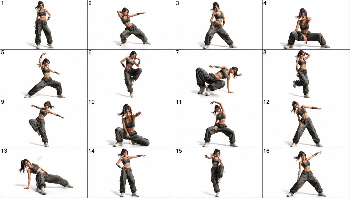 16-Panel Female Dance Pose Sheet - esempio di prompt GPT Image 2