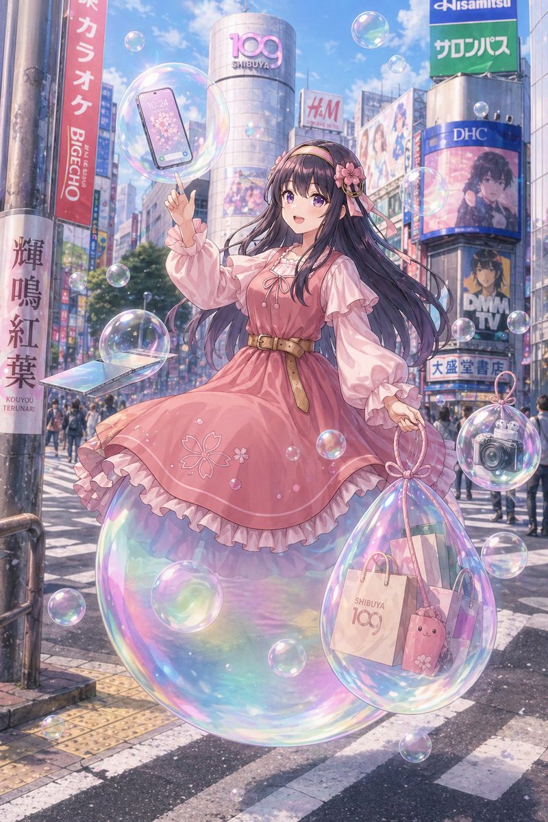 Pastel Anime Girl at Shibuya Crossing - GPT Image 2 prompt example