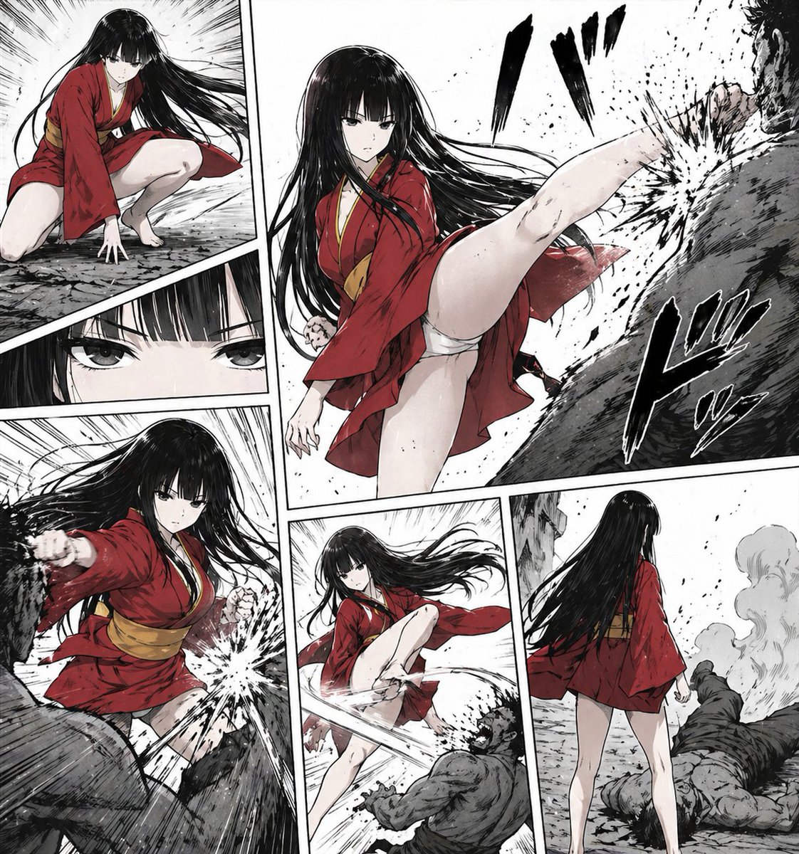 Brutal Red-Kimono Manga Fight Page - GPT Image 2 prompt example