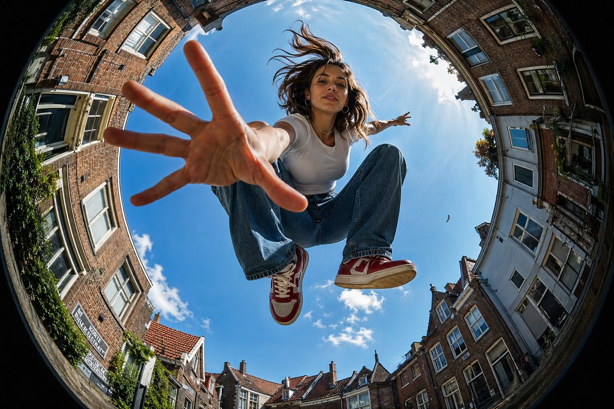 Urban Action Fisheye Perspective - GPT Image 2 prompt example