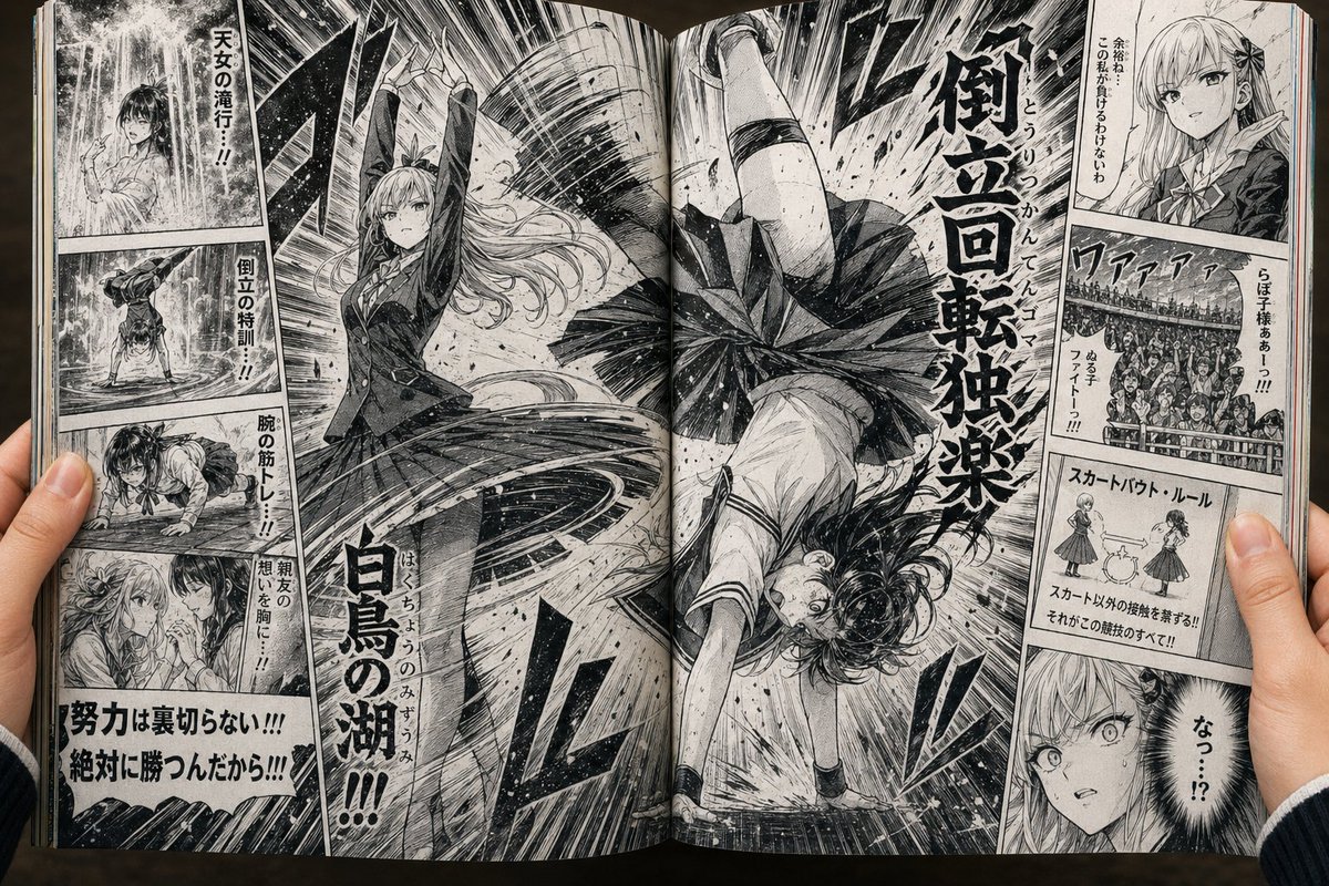 Fictional Skirt-Battle Manga Spread - GPT Image 2 prompt example