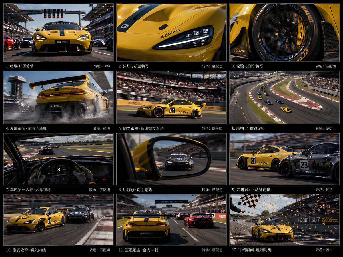 12-Panel Xiaomi SU7 Ultra Racing Storyboard - GPT Image 2 prompt example