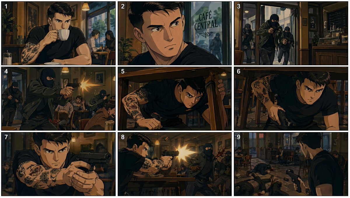 90s Anime Cafe Shootout Storyboard - esempio di prompt GPT Image 2