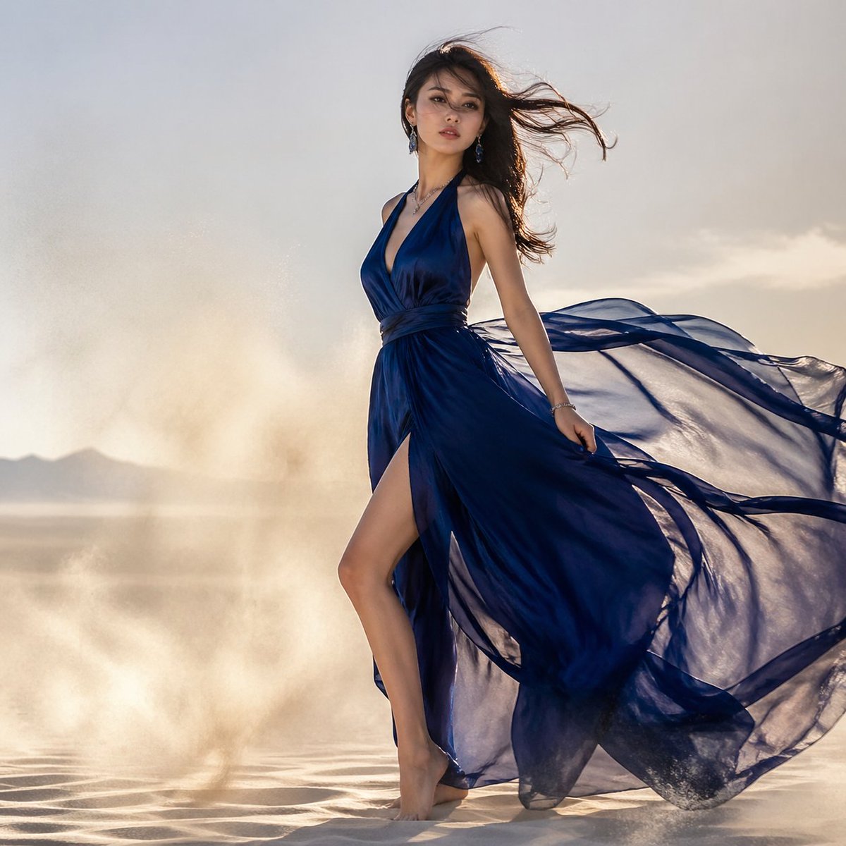 Windblown Blue Gown Desert Editorial - GPT Image 2 prompt example