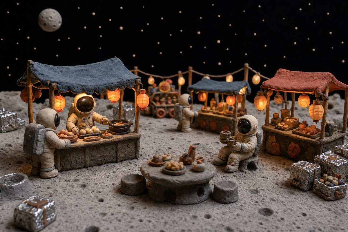 Clay Astronaut Moon Market - esempio di prompt GPT Image 2