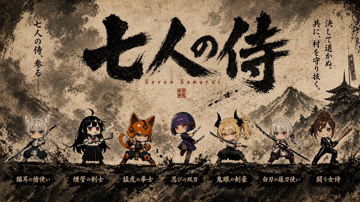 Seven Chibi Samurai Ink Poster - esempio di prompt GPT Image 2