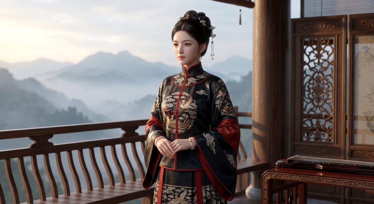 Cinematic Wuxia Heroine on Mountain Balcony - GPT Image 2 prompt example