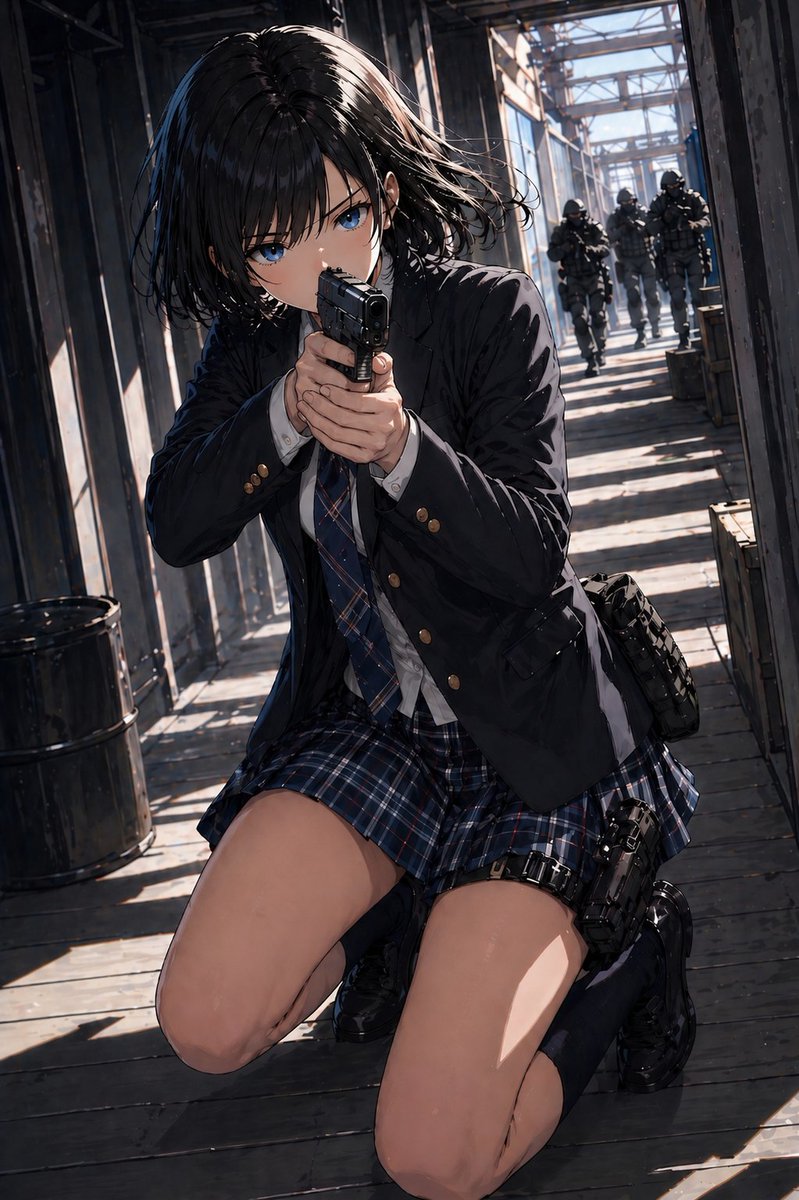 Anime Schoolgirl Gunfight on Industrial Walkway - GPT Image 2 prompt example