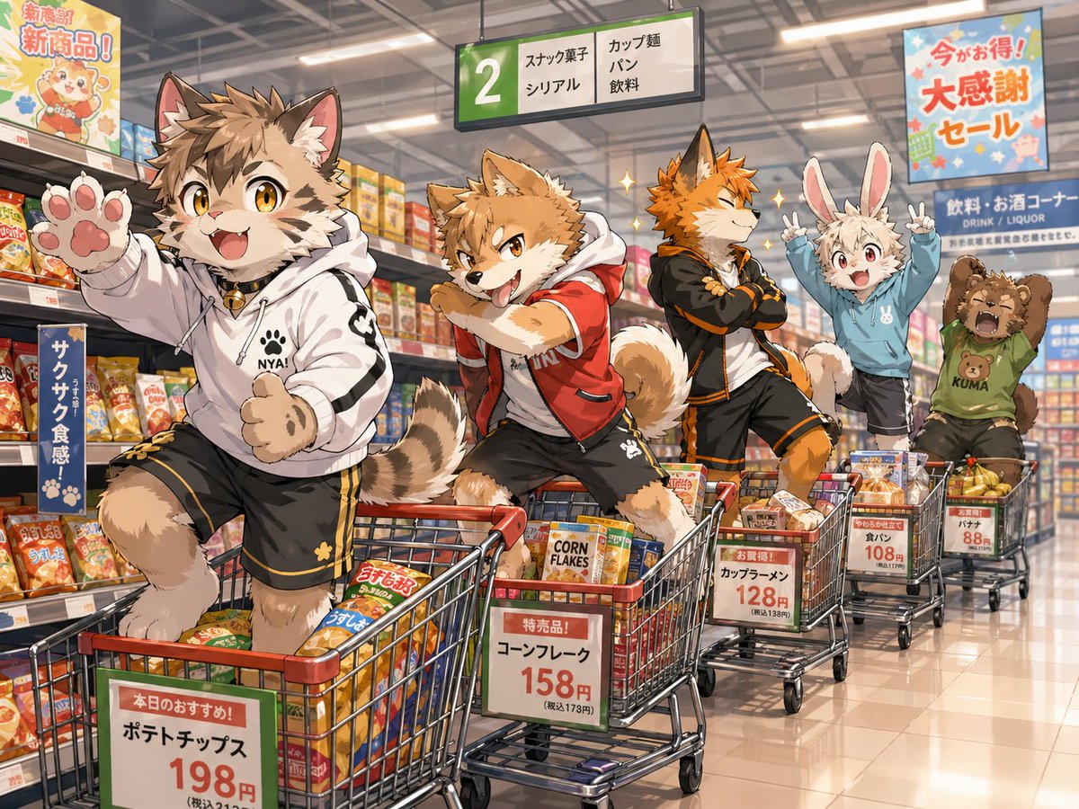 Anime Mascots in Supermarket Carts - GPT Image 2 Prompt-Beispiel