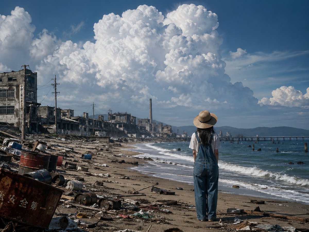 Girl on Polluted Industrial Beach - esempio di prompt GPT Image 2
