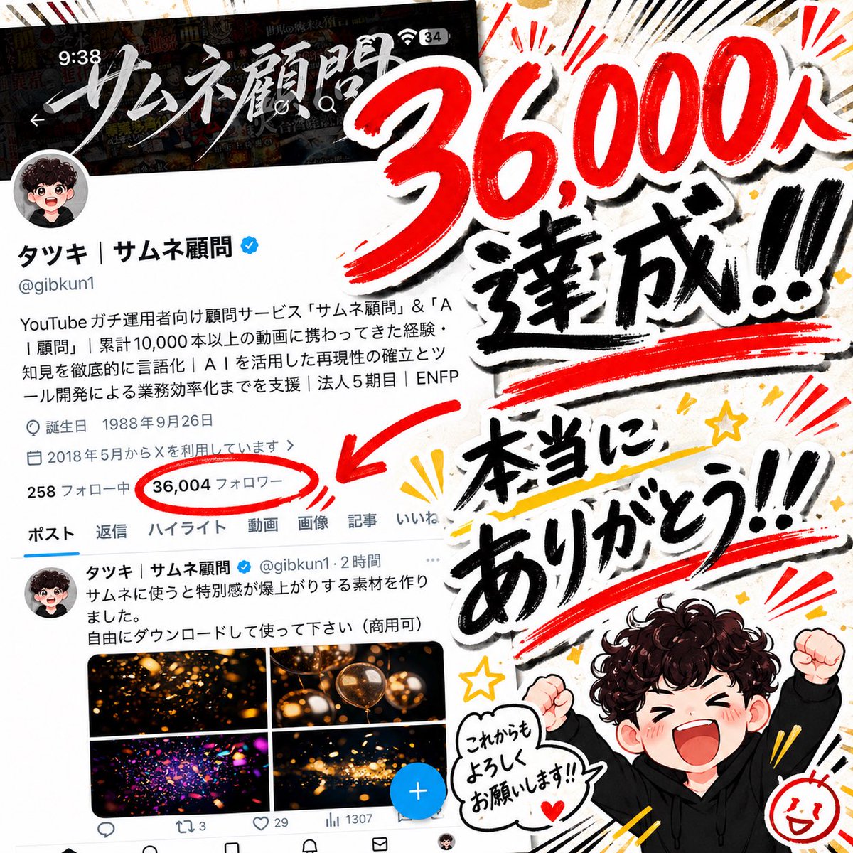 Japanese 36,000 Followers Celebration Post - GPT Image 2 prompt example
