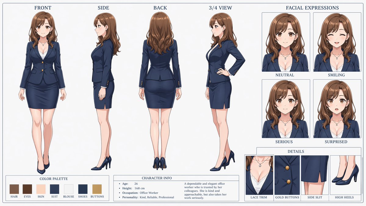 Anime Office Lady Reference Sheet - esempio di prompt GPT Image 2