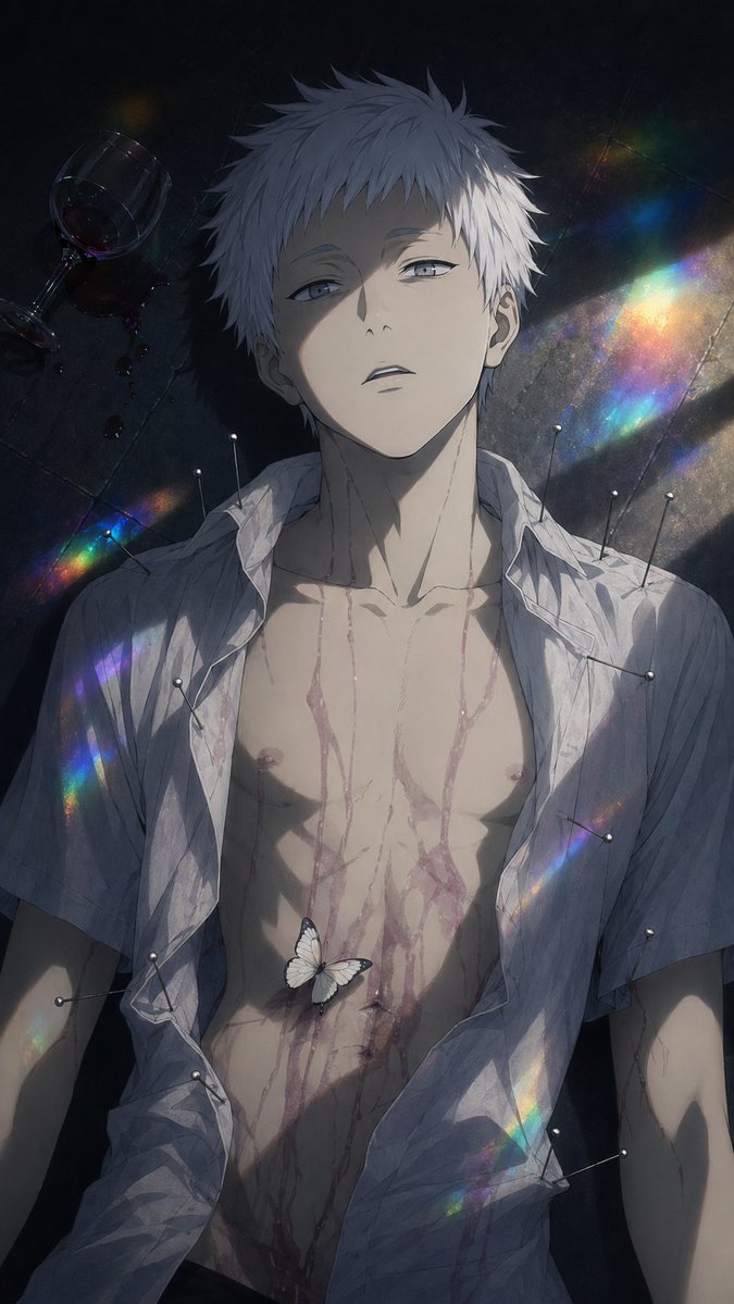 Dark Anime Boy with Pins and Prism Light - GPT Image 2 prompt example