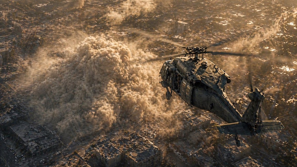 Helicopter Over Urban Dust Cloud - GPT Image 2 Prompt-Beispiel
