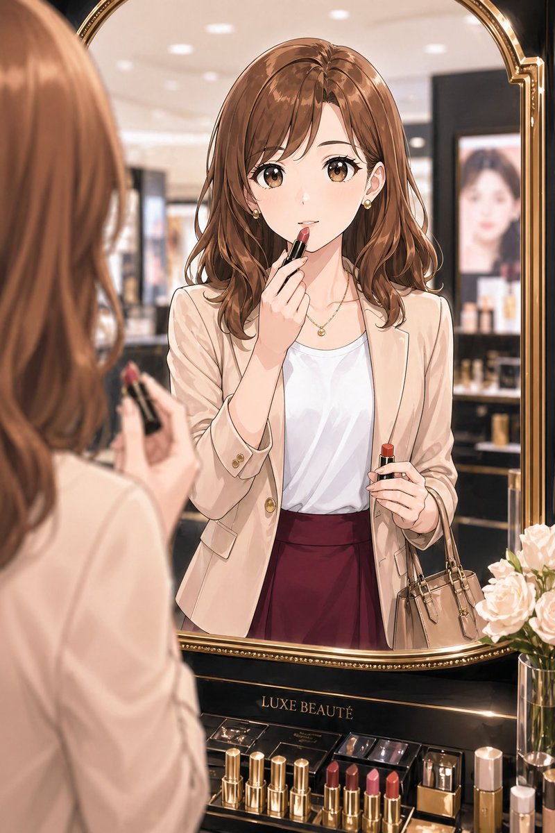 Elegant Office Lady at Beauty Counter - GPT Image 2 prompt example