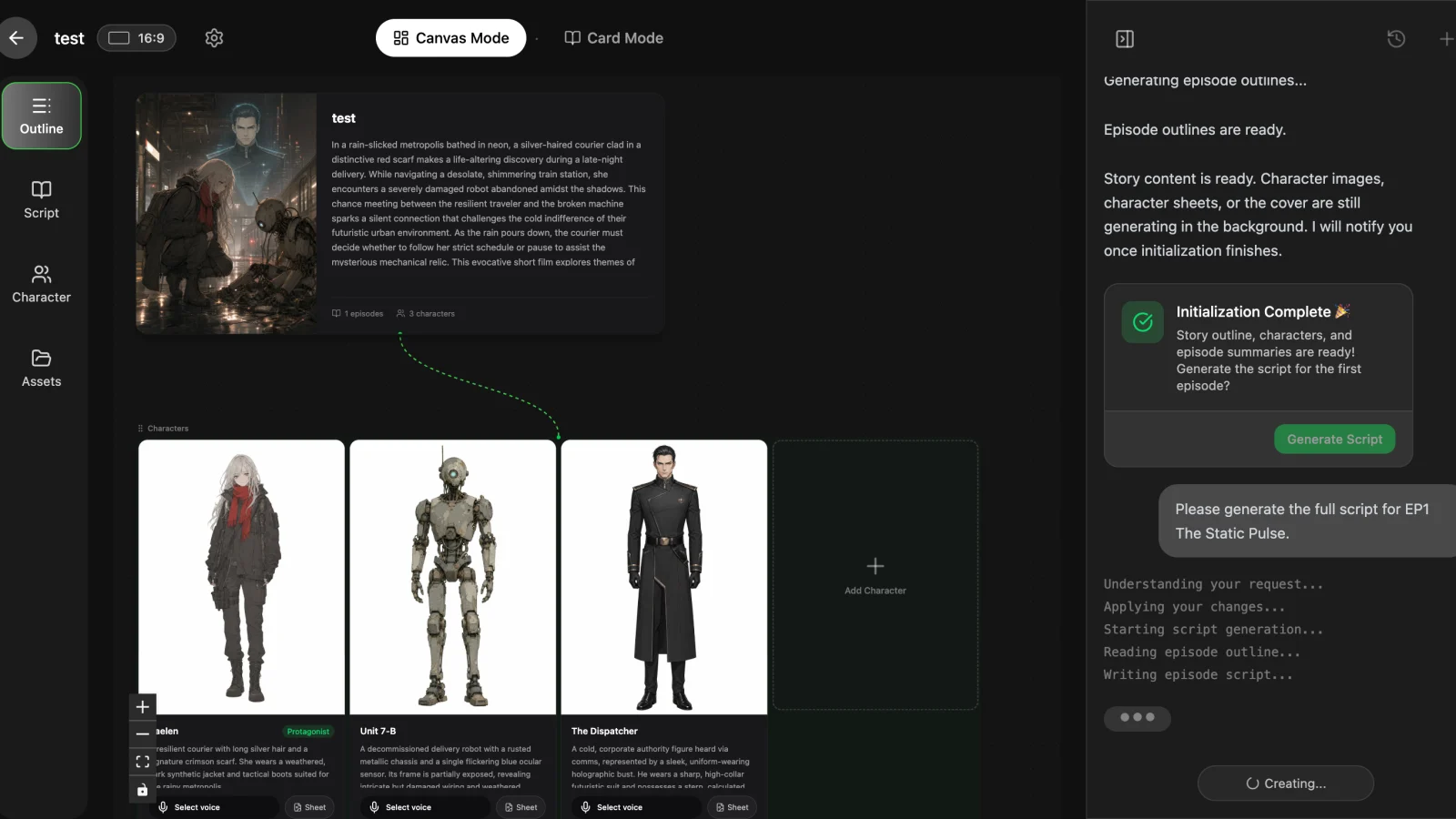 Modalità Canvas di MkAnime con struttura del progetto completata, personaggi riutilizzabili e avanzamento della generazione della sceneggiatura