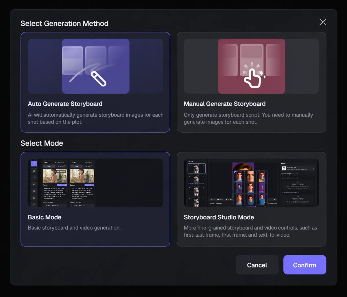 Finestra Elser AI per scegliere storyboard automatici o manuali e modalità base o Storyboard Studio