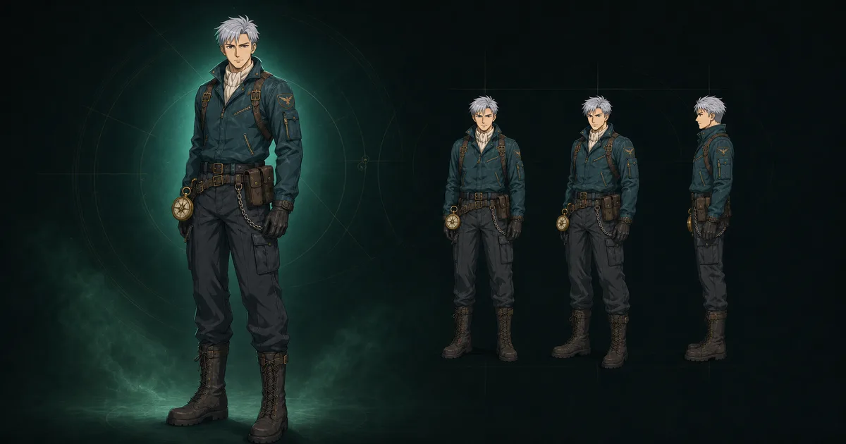 Aperçu éditorial d’un personnage d’anime en pied et de trois vues de référence