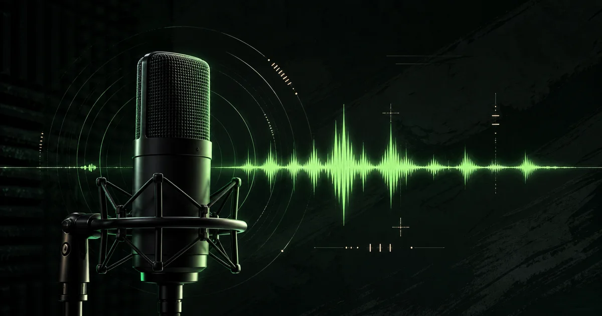 Illustration éditoriale d’un microphone de studio et d’une onde audio verte pour le générateur de voix d’anime