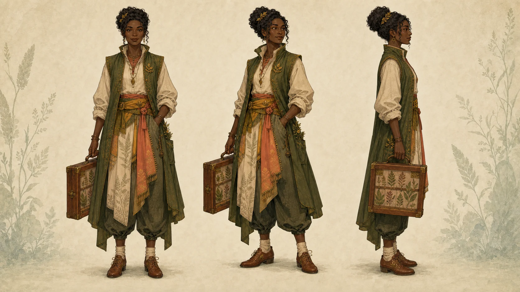 Front, three-quarter, and side reference views of the same botanical archivist character