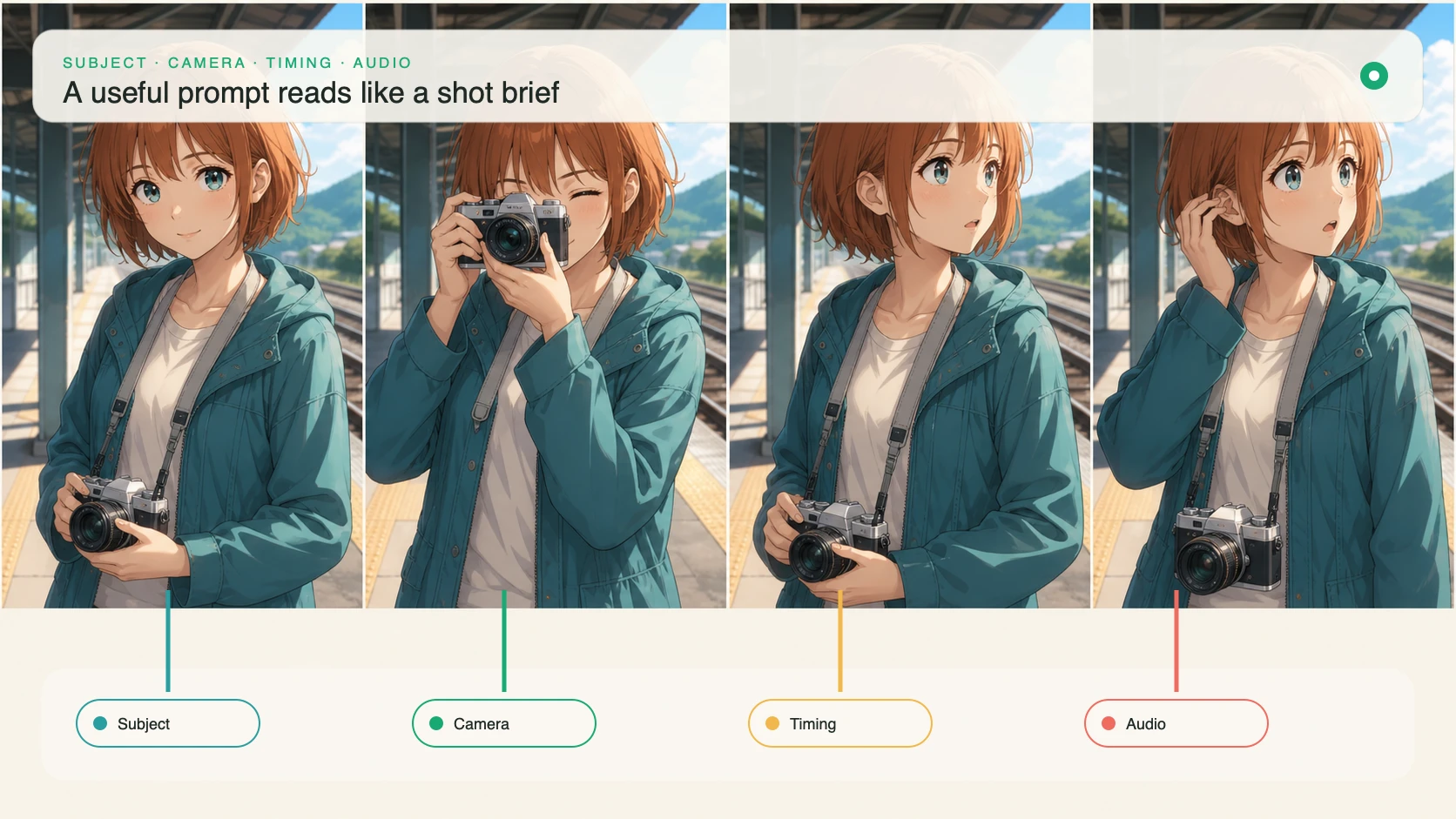 Four-frame anime station sequence annotated as subject, camera, timing, and audio controls in a Seedance 2.5 prompt