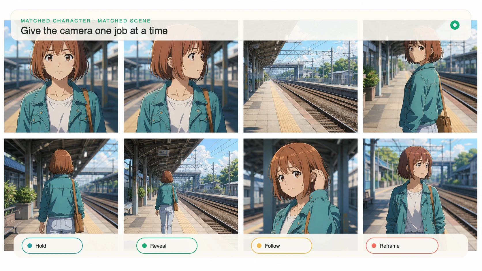 Matched anime station frames demonstrating hold, reveal, follow, and reframe camera jobs