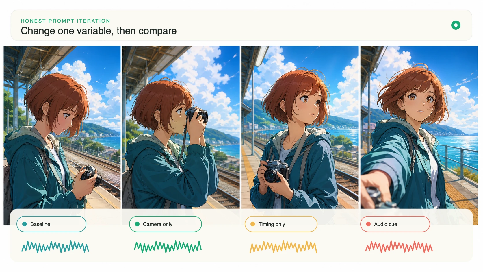 Four matched anime station variations for baseline, camera-only, timing-only, and audio-cue prompt iteration