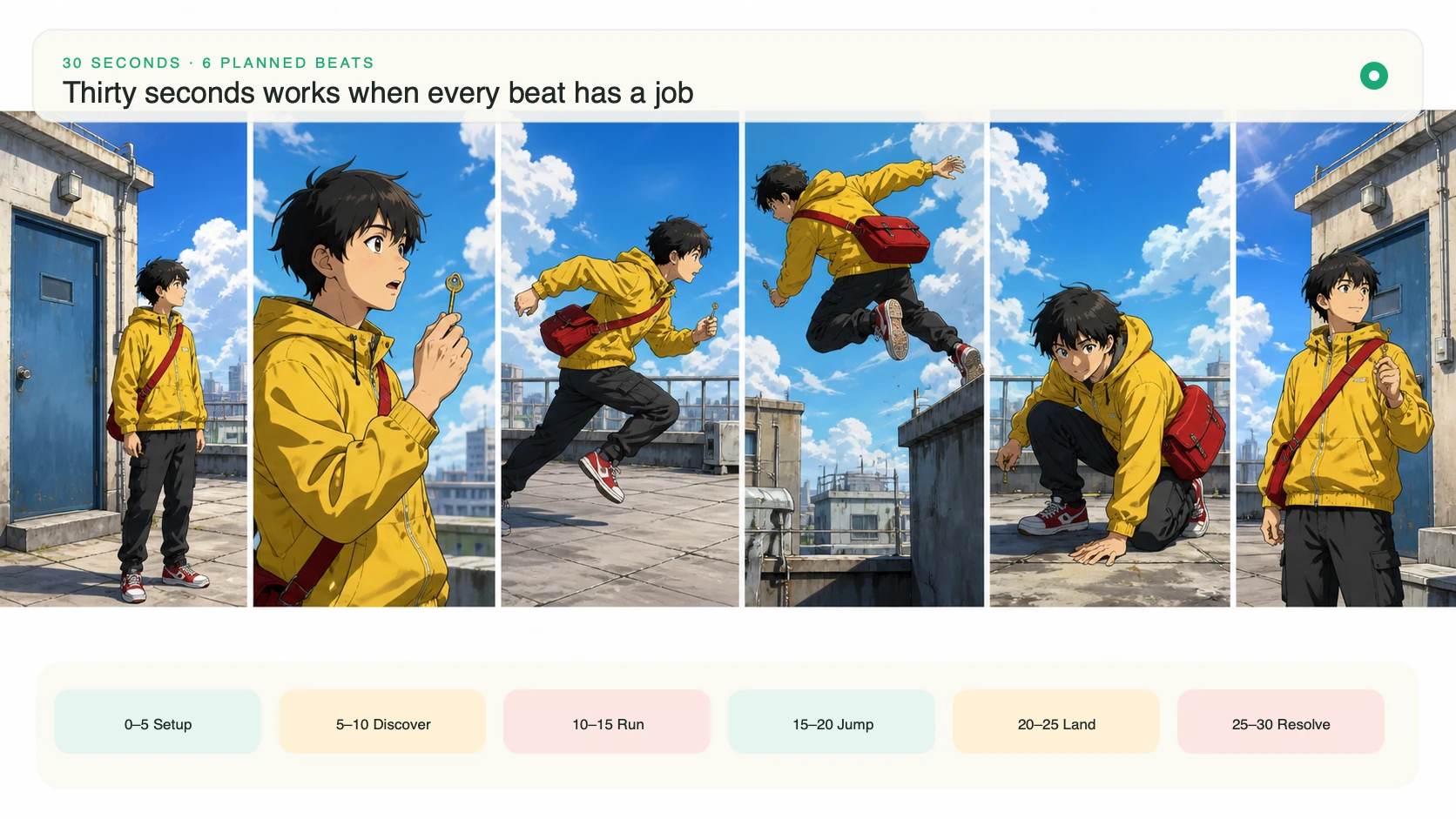 Six planned beats across a 30-second rooftop courier scene, from setup to resolved final frame