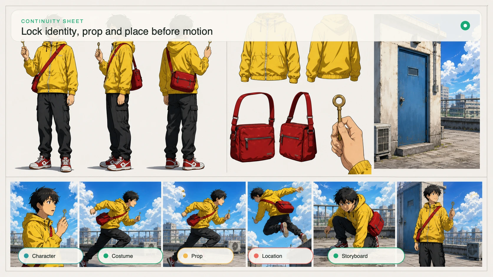 Rooftop courier continuity sheet covering character, costume, brass key, blue door, and storyboard progression